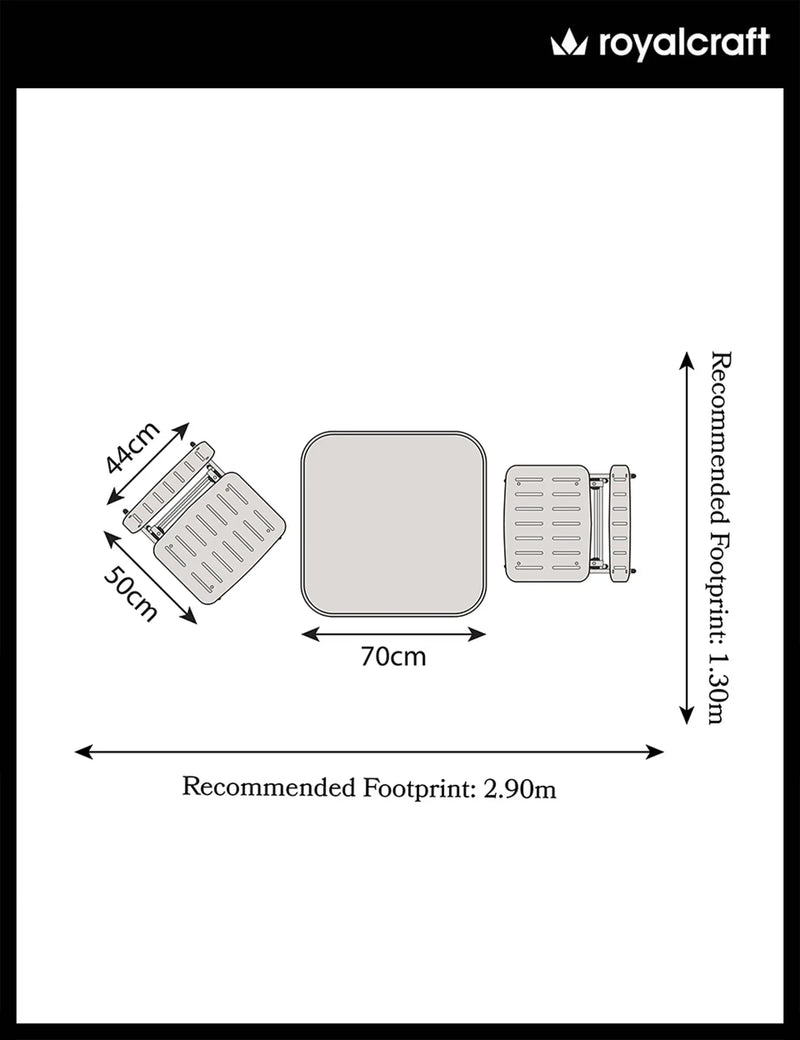 Venice folding bistro set dimensions floorplan, 70cm square table