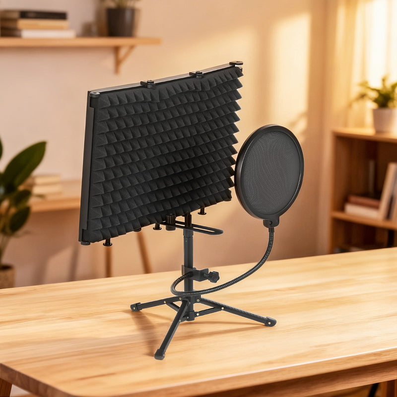 Foldable Studio Microphone Isolation Shield With Pop Filter And Tripod Stand Black AOSOM