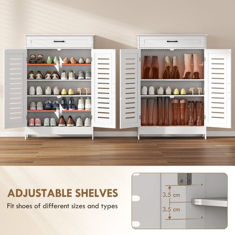 White Shoe Storage Cabinet For Hallway with Louvered Doors Adjustable Shelves and Drawer 78x37x115cm Homcom