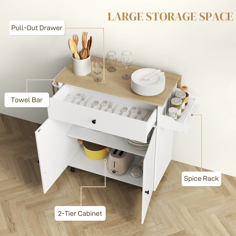 Rolling Kitchen Island Trolley with Drop Leaf Drawer and Storage Shelves White 106x42x87cm