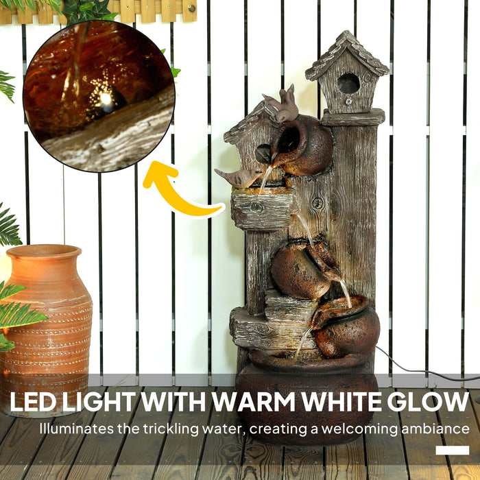 2-in-1 Waterfall Fountain with Birdhouse LED Lights and Pump Tree Trunk Design by Outsunny