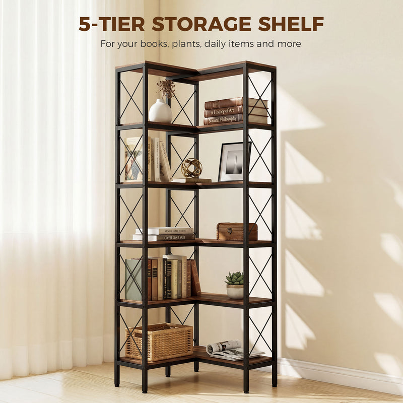Corner Bookshelf with 5 Shelves for Space Saving Storage and Display Rustic Brown Homcom