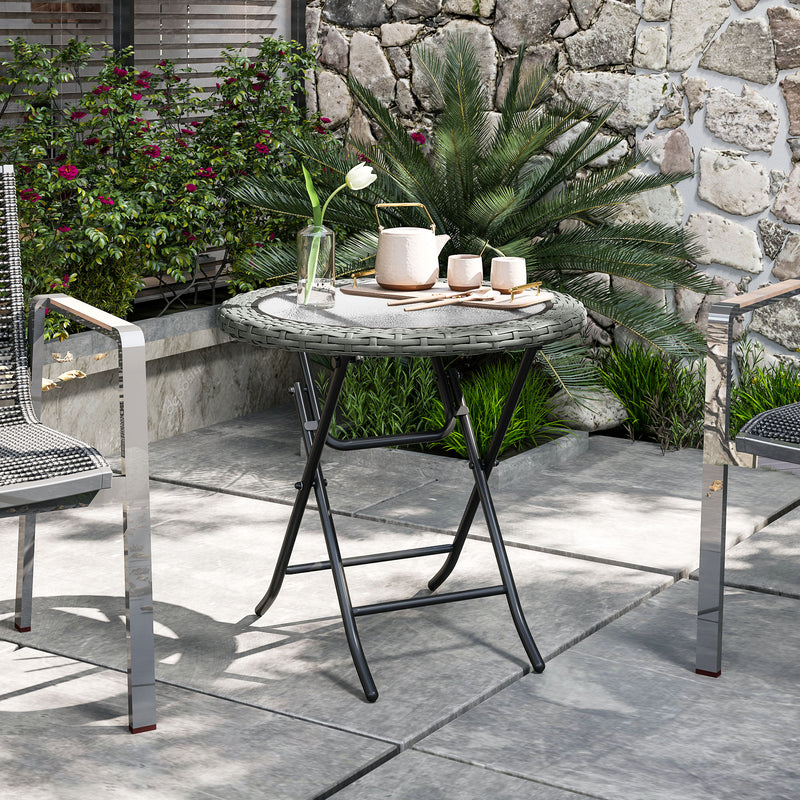 Folding Round Garden Table with Tempered Glass Top and Grey Rattan Edging by Outsunny