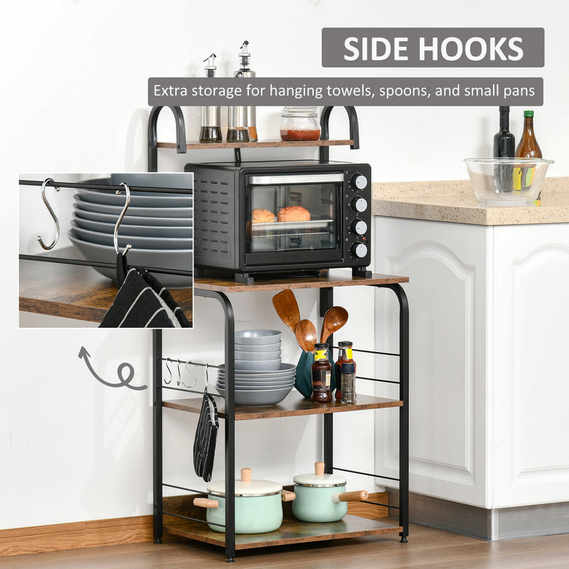 Kitchen Shelf Unit with 4 Shelves and Side Hooks for Compact Storage Rustic Brown