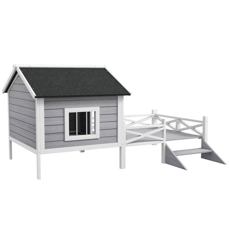 Outdoor Wooden Dog House with Covered Porch for Small to Medium Pets, Grey