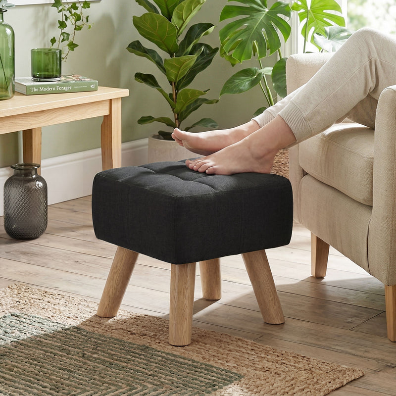 HOMCOM Linen-Look Square Padded Footstool - Black AOSOM