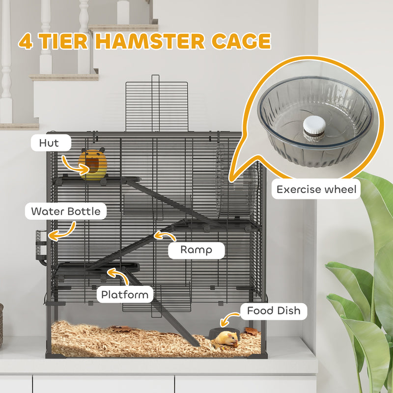 4 Tier Hamster Cage with Deep Glass Base Hut Wheel Food Dish and Water Bottle by PawHut