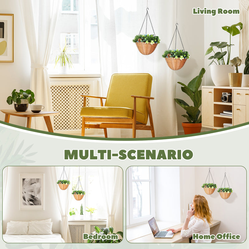 Set of 2 Artificial Hanging Flower Baskets with Pinecones for Home or Office Decor, Green