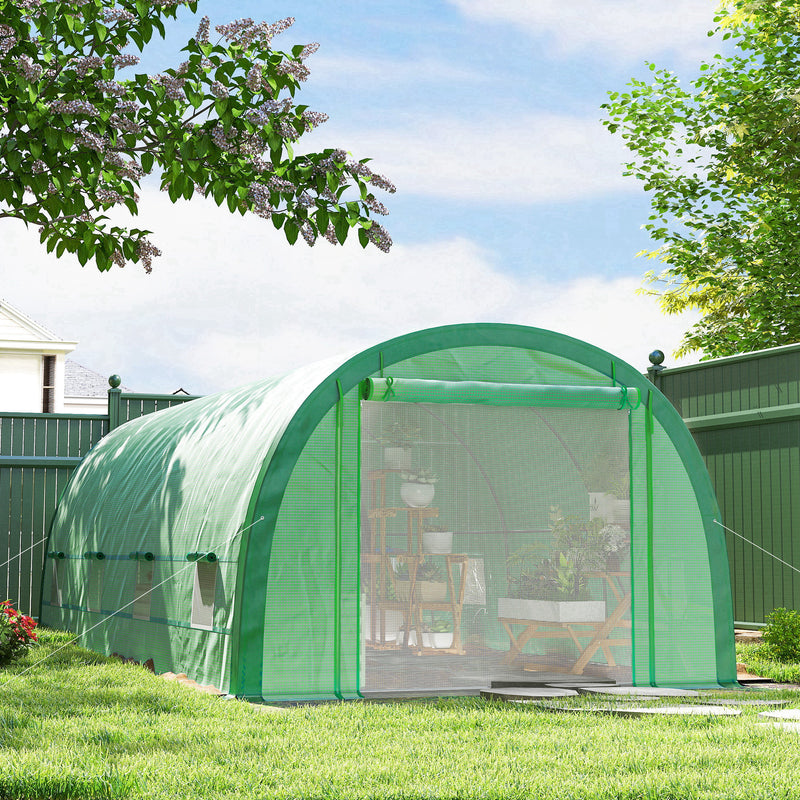Large Polytunnel Greenhouse With Mesh Door Windows And Plant Labels For Garden Growing Green AOSOM