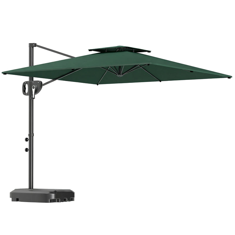 Square Cantilever Parasol with Base For Patio or Garden - UV30+ Adjustable Shade,  Dark Green