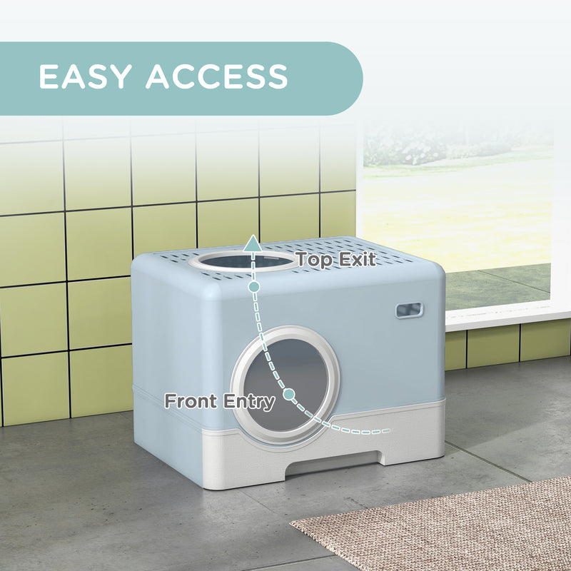 Enclosed Cat Litter Box with Lid Pull Out Tray Scoop and Top Exit for Easy Cleaning, Blue