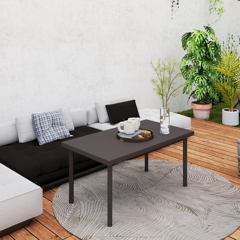 Brown Metal Garden Coffee Table with Woodgrain Top and Foot Pads for Outdoor Use