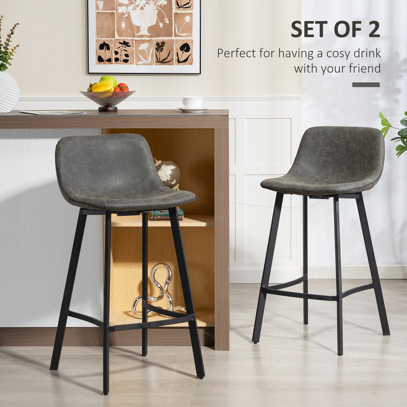 Set of 2 PU Leather Bar Stools with Backrest and Footrest for Kitchen or Breakfast Bar Grey