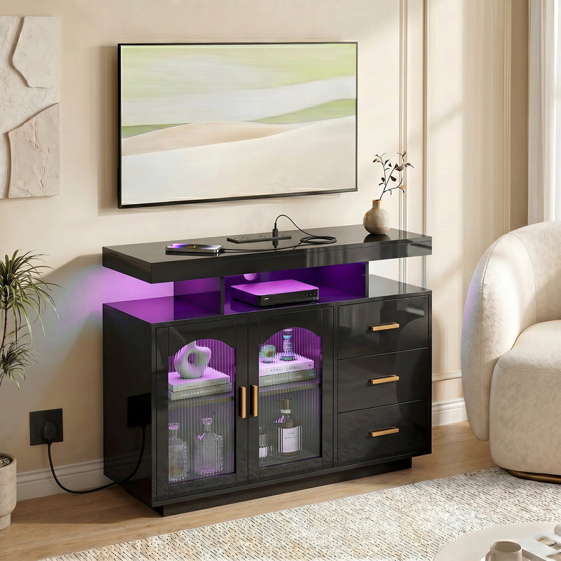 Sideboard with Organised Storage and Built In Charging Hub for Living Room Black