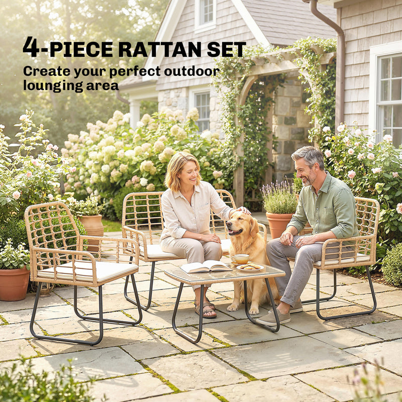 Rattan Garden Furniture Set with Cushions and Coffee Table for Patio or Balcony Natural Wood Outsunny