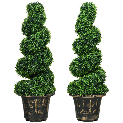Set of 2 Spiral Boxwood Artificial Topiary Trees with Pots for Indoor Outdoor Use Green