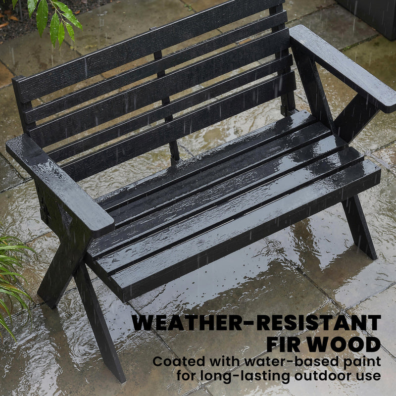 Black Wooden Garden Bench for 2 with Weather Resistant Fir Wood and Modern X Frame Legs