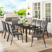 8 Seater Garden Dining Set with Large Rectangular Black Glass Table and Weatherproof Stackable Chairs Outsunny