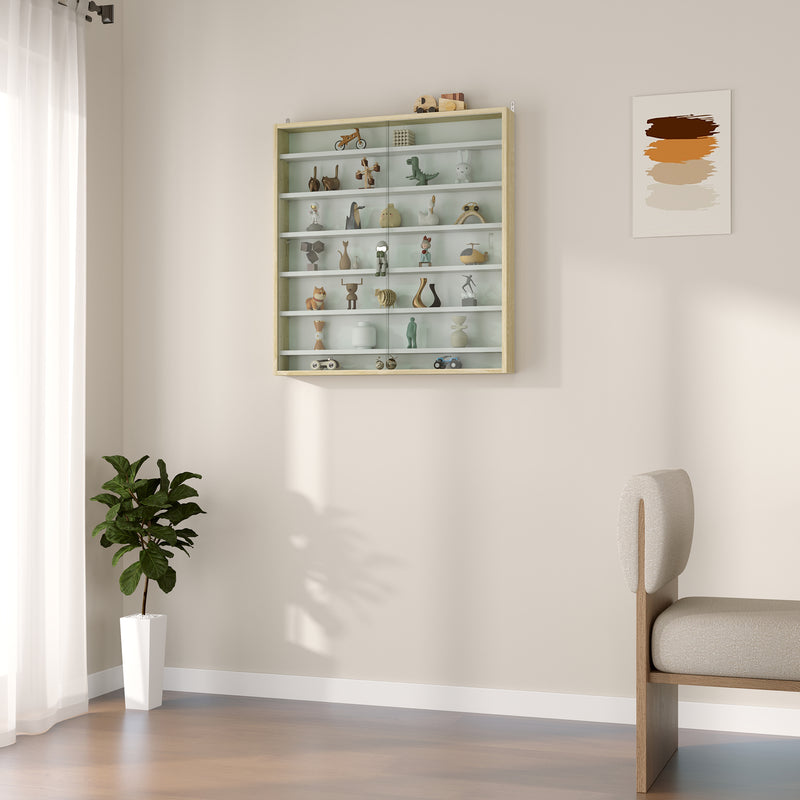 7 Tier Wall Display Cabinet with Glass Doors and Adjustable Shelves Oak by HOMCOM