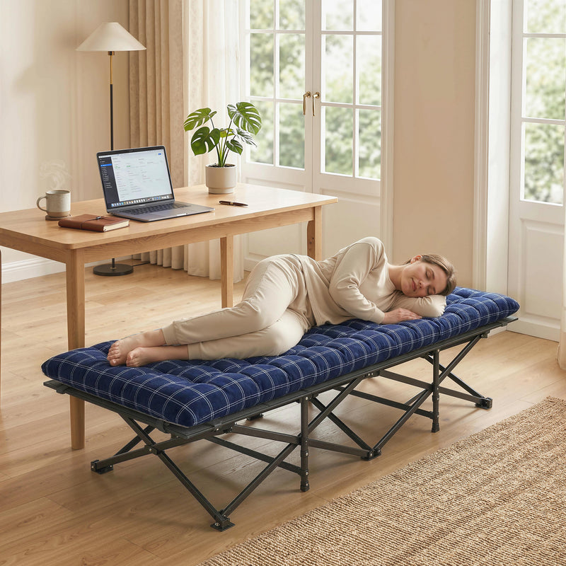 Folding Camping Bed with Extra Wide Surface and Removable Padded Mattress Blue