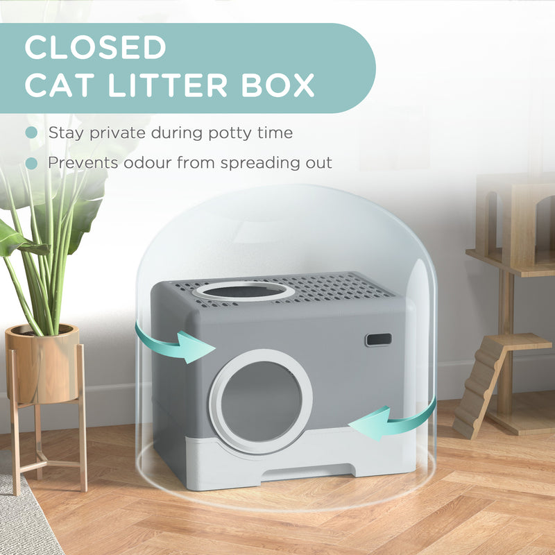 Enclosed Cat Litter Box With Pull Out Tray Scoop And Top Entry For Easy Cleaning, Grey