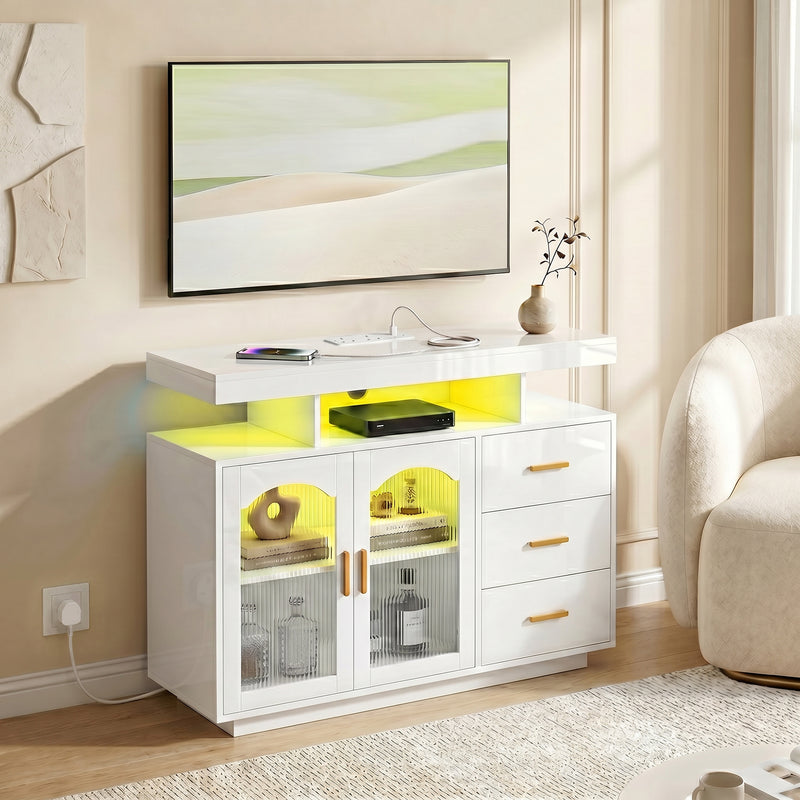 Sideboard with Flexible Storage and Built In Power Hub for Living or Dining Room White