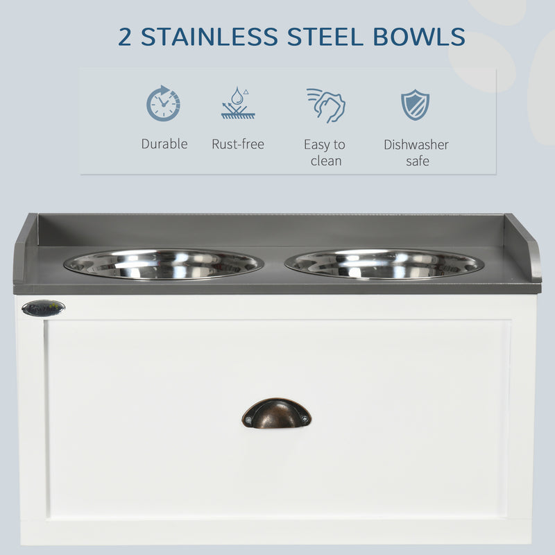 Stainless Steel Raised Dog Bowls With Storage Drawer For Large Pets, White