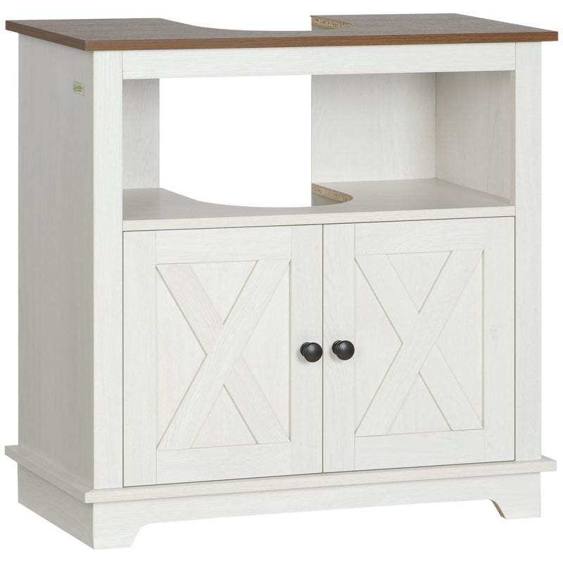 Under Sink Bathroom Cabinet with Double Doors and Open Shelf for Extra Storage White Brown AOSOM