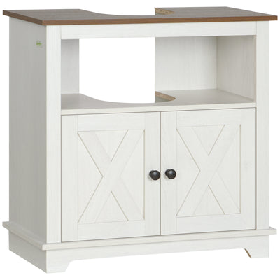 Under Sink Bathroom Cabinet with Double Doors and Open Shelf for Extra Storage White Brown AOSOM