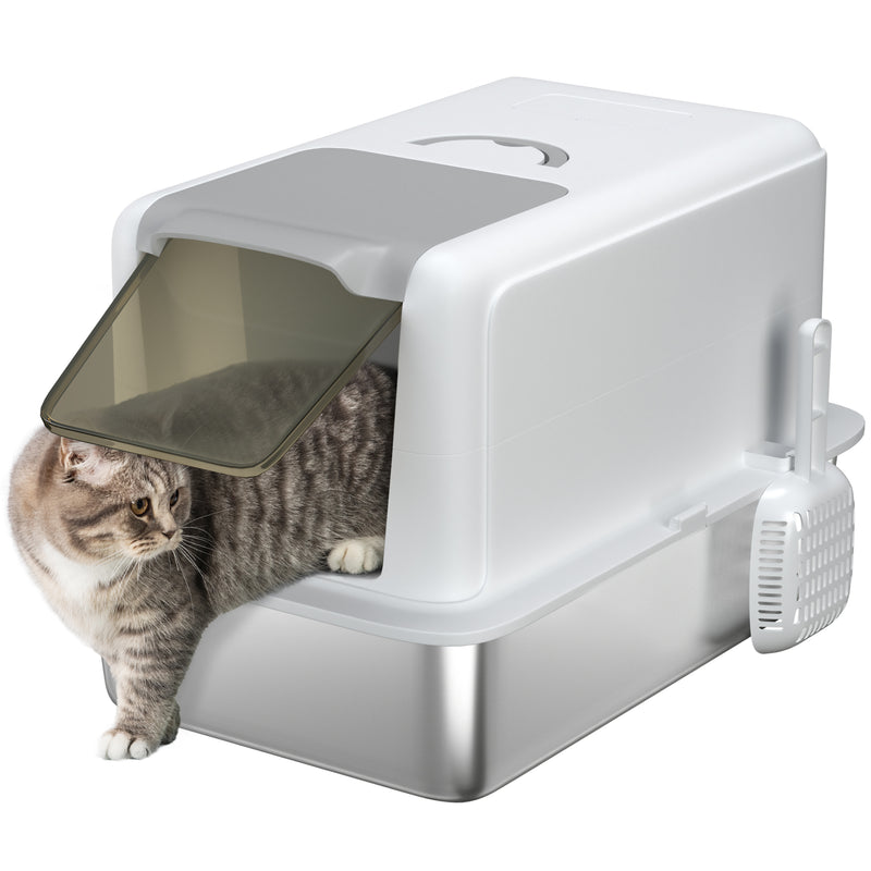 White Stainless Steel Cat Litter Box With Removable Lid Scoop and Filter Bags by PawHut