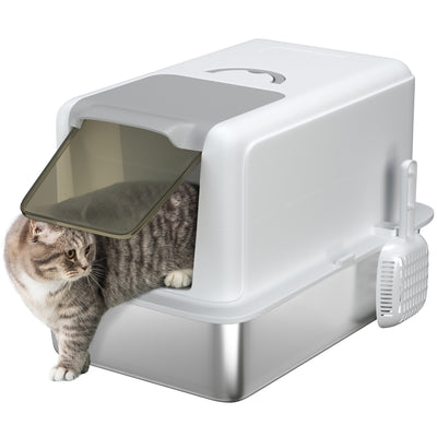 White Stainless Steel Cat Litter Box With Removable Lid Scoop and Filter Bags by PawHut