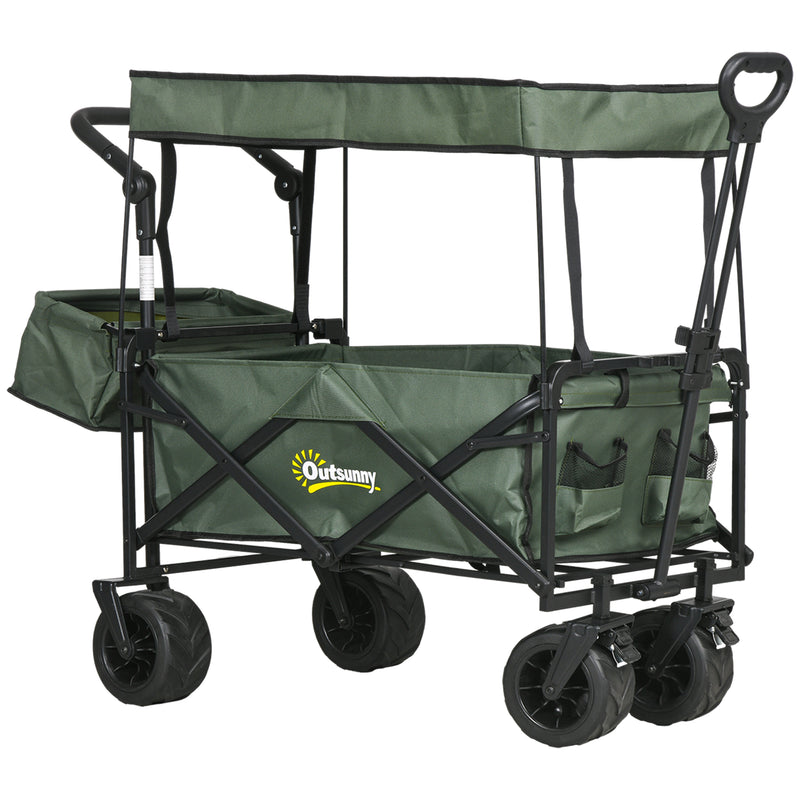 Green Folding Garden Trolley Cart With Canopy And Handle For Camping Or Beach Use