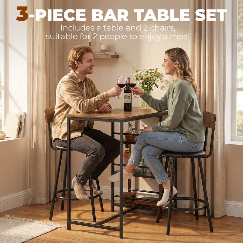 Bar Table Set with Storage Shelves and Space Saving Chairs for Small Dining Areas Rustic Brown