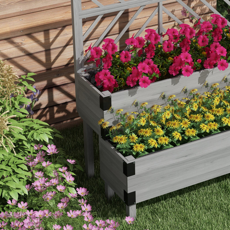 2 Tier Wooden Raised Garden Planter With Trellis For Vegetables Herbs And Flowers Grey Outsunny
