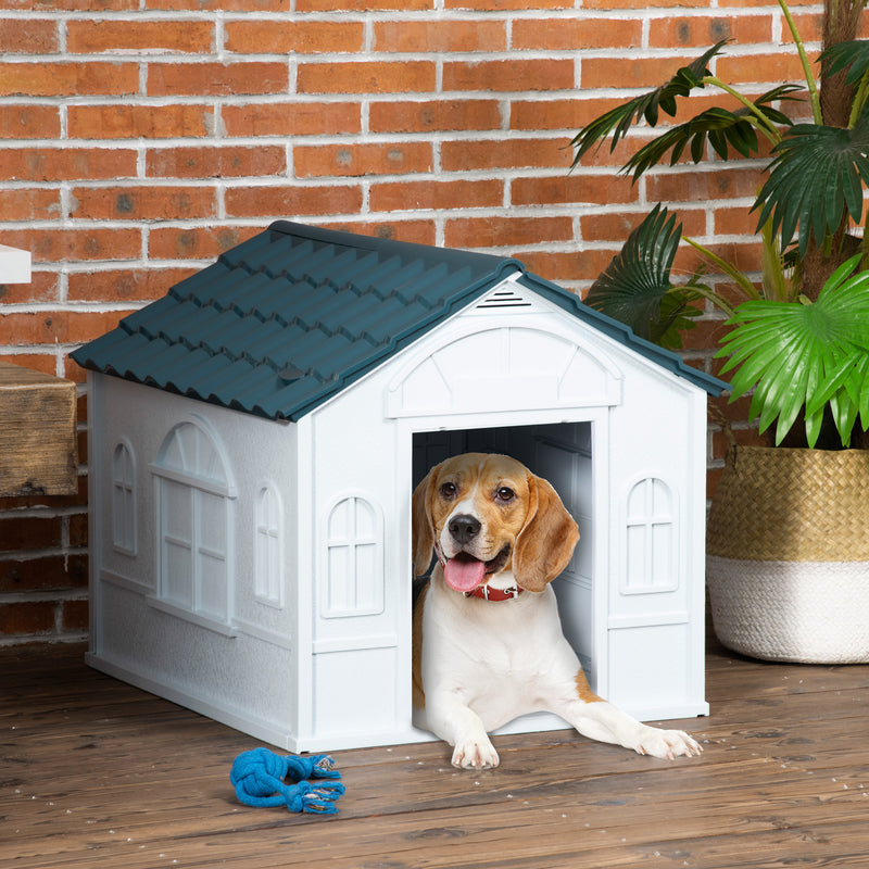 Medium Plastic Dog House Weather Resistant for Indoor and Outdoor Use White and Blue