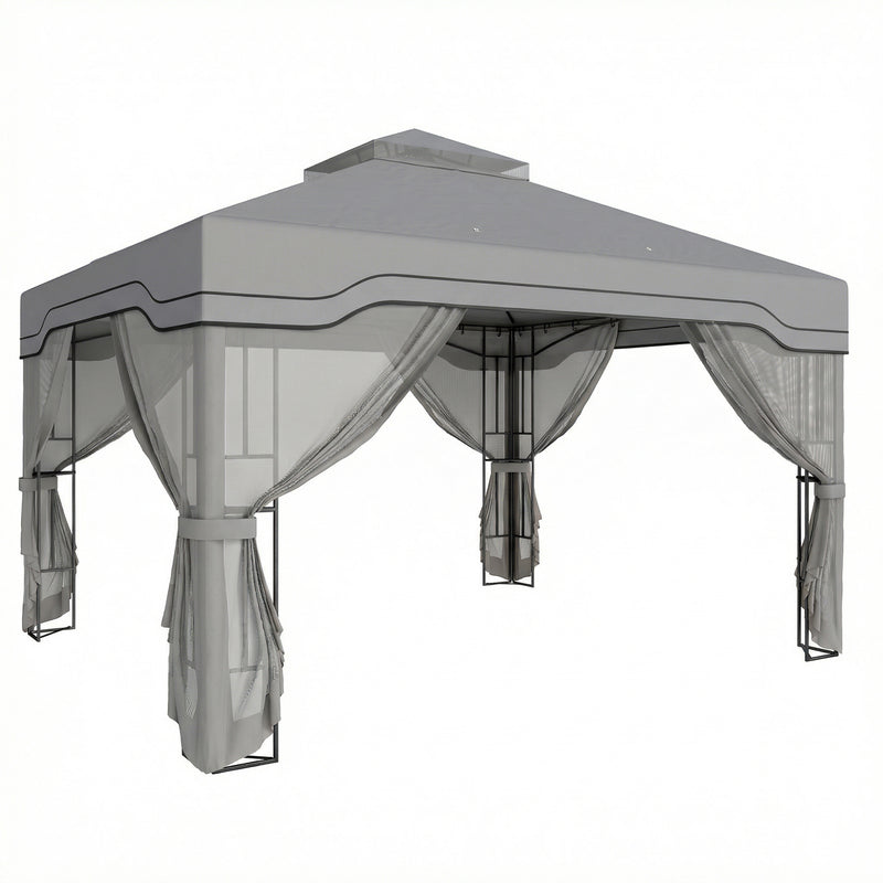 3x3.6m Metal Garden Gazebo with 2-Tier Roof and Mesh Panels for Cool Shaded Outdoor Seating, Dark Grey Outsunny