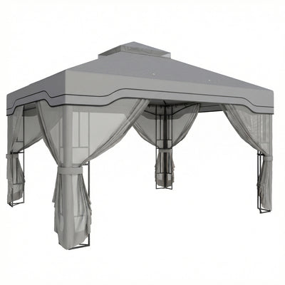 3x3.6m Metal Garden Gazebo with 2-Tier Roof and Mesh Panels for Cool Shaded Outdoor Seating, Dark Grey Outsunny