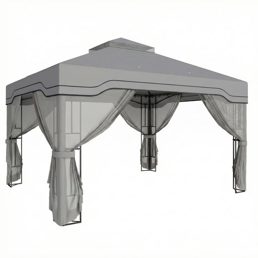 3x3.6m Metal Garden Gazebo with 2-Tier Roof and Mesh Panels for Cool Shaded Outdoor Seating, Dark Grey Outsunny