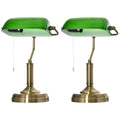HOMCOM Banker's Table Lamps Set of 2, Desk Lamps with Antique Bronze Tone Base, Green Glass Shade and Pull Rope Switch for Home Office, Living Room, Bedroom, Dining Room, Green AOSOM