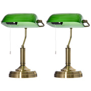 HOMCOM Banker's Table Lamps Set of 2, Desk Lamps with Antique Bronze Tone Base, Green Glass Shade and Pull Rope Switch for Home Office, Living Room, Bedroom, Dining Room, Green AOSOM