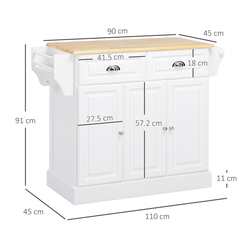 Rolling Kitchen Island Trolley with Storage Drawer and Cabinet for Food Prep White
