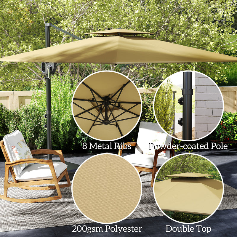 Khaki 3m Square Cantilever Parasol with Weighted Base Double Top with Crank Tilt by Outsunny