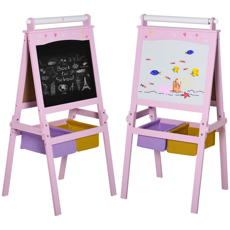 Pink Wooden 3 in 1 Kids Art Easel With Chalkboard Whiteboard and Storage Baskets