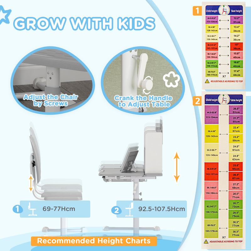 Height Adjustable Kids Desk and Chair Set with Tiltable Desktop and Reading Rack Grey by AIYAPLAY