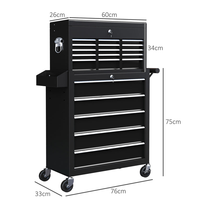 14 Drawer Rolling Tool Chest with Top Cabinet for Organised Garage Storage Black