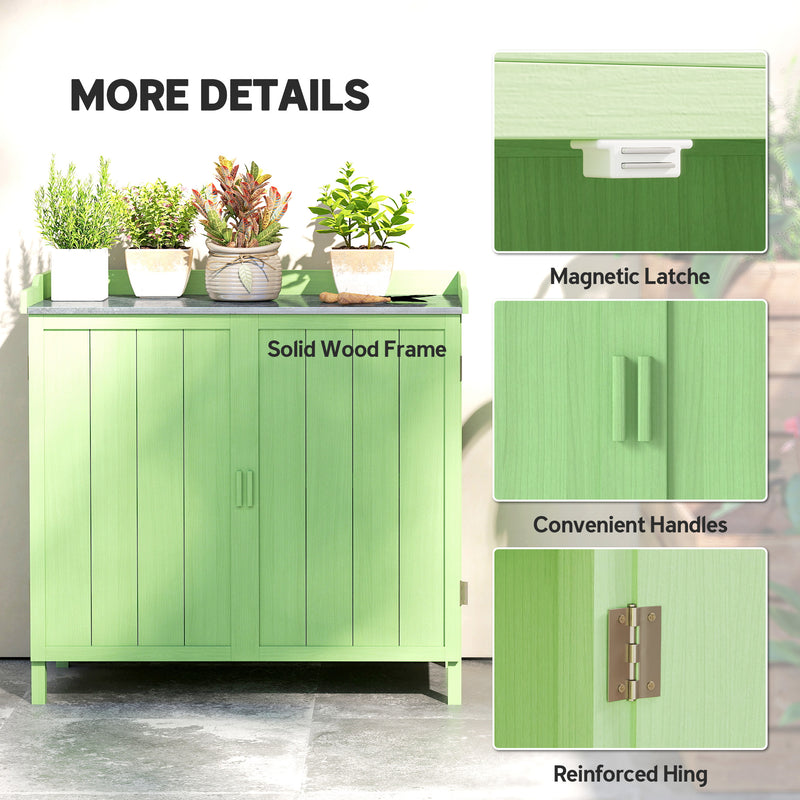 Wooden Garden Storage Cabinet With Galvanised Worktop and Shelves for Outdoor Tools Green Outsunny
