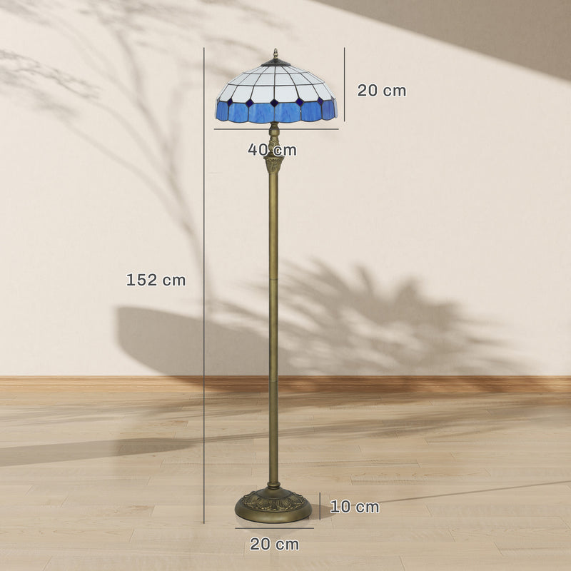 Tiffany Style Floor Lamp with Stained Glass Shade and Foot Switch for Living Room Blue