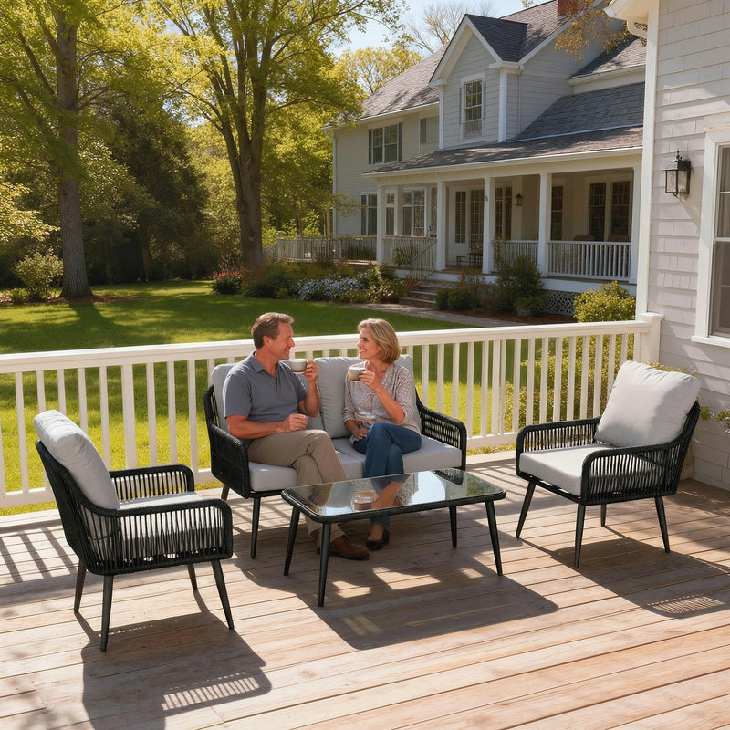 Rattan Garden Furniture Set 4 Piece With Cushions for Comfortable Outdoor Seating Black/Grey Outsunny