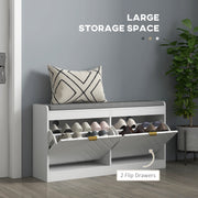 Shoe Storage Bench with Padded Seat and Flip Drawers for Hallway Organising White