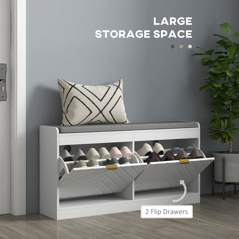 Shoe Storage Bench with Padded Seat and Flip Drawers for Hallway Organising White